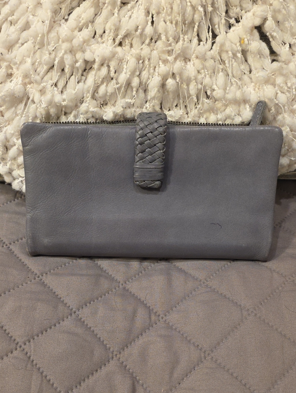 Multi Pocket Grey Leather Zip Wallet with Braided Snap Tab